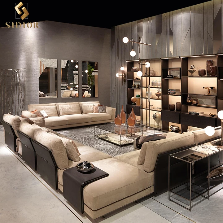 L shape sofa big villa living room furniture large  leather section sofa customized size luxury sofa set