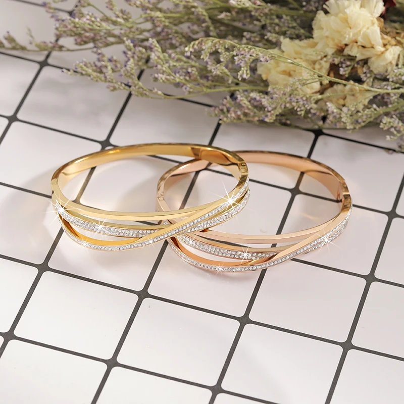 Charm Stainless Steel Shiny Rhinestone Luxury Statement Vintage Unique 24 Karat Gold Cuff Bracelets Bangle For Wedding Bridal