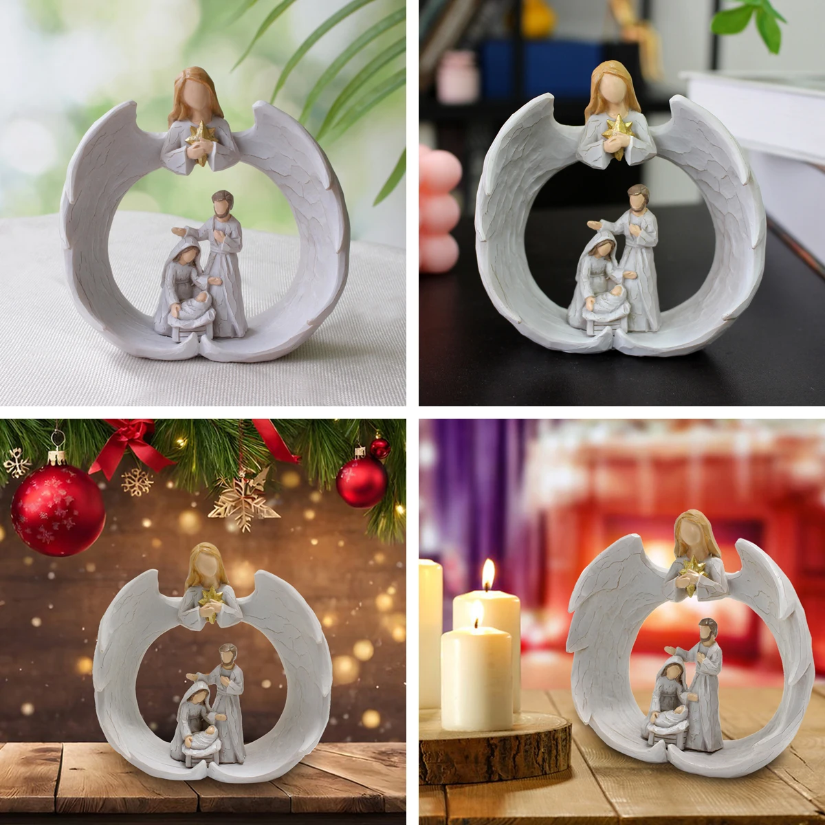 Religious Christmas Ornaments Pray Heart Shape Holy Family Christian Decor Angel Resin Statue