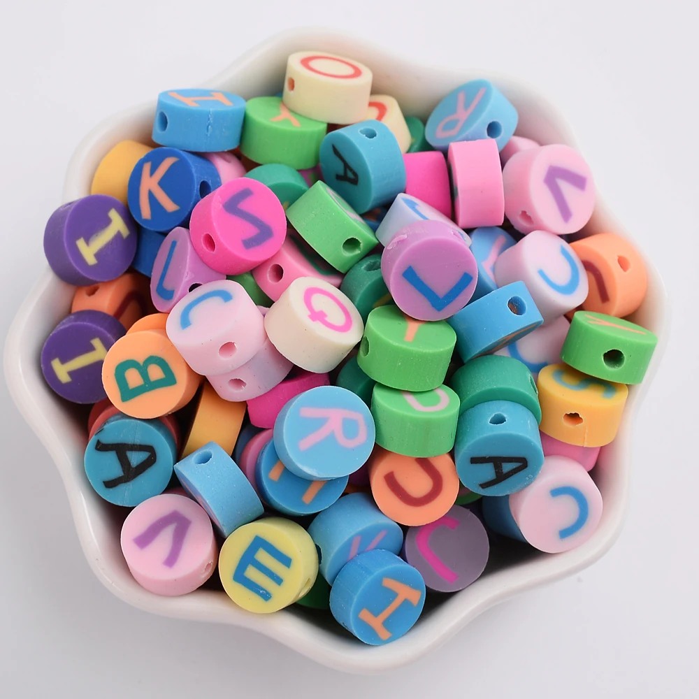 50Pcs 10mm Cute Letter Beads Polymer Clay Beads Cartoon Alphabet Spacer Loose Beads for Necklace DIY Bracelet Accessories