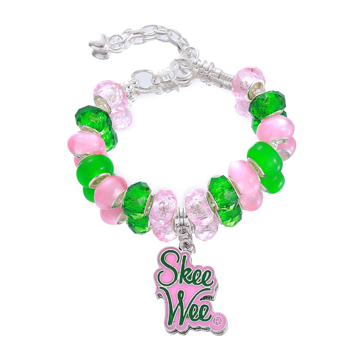 Hot Sale High Cost Performance Sorority Alpha Organization Symbol Pink And Green Beaded SkeeWee Charm Making Soror Bracelet