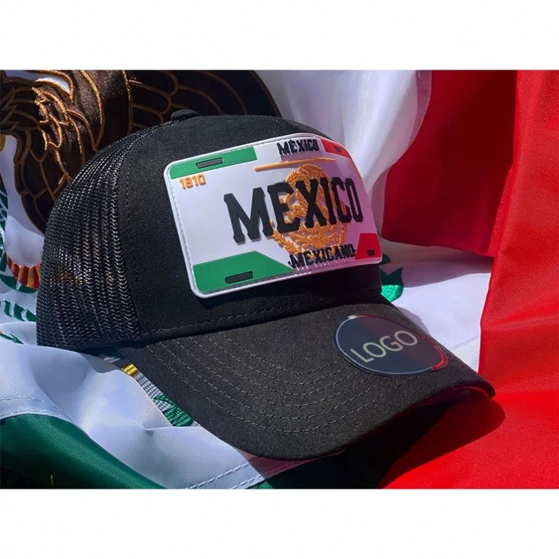 Wholesale Mexico License Plate Logo Gorras Custom PVC Logo 6 Panel Mesh Black Trucker Hat