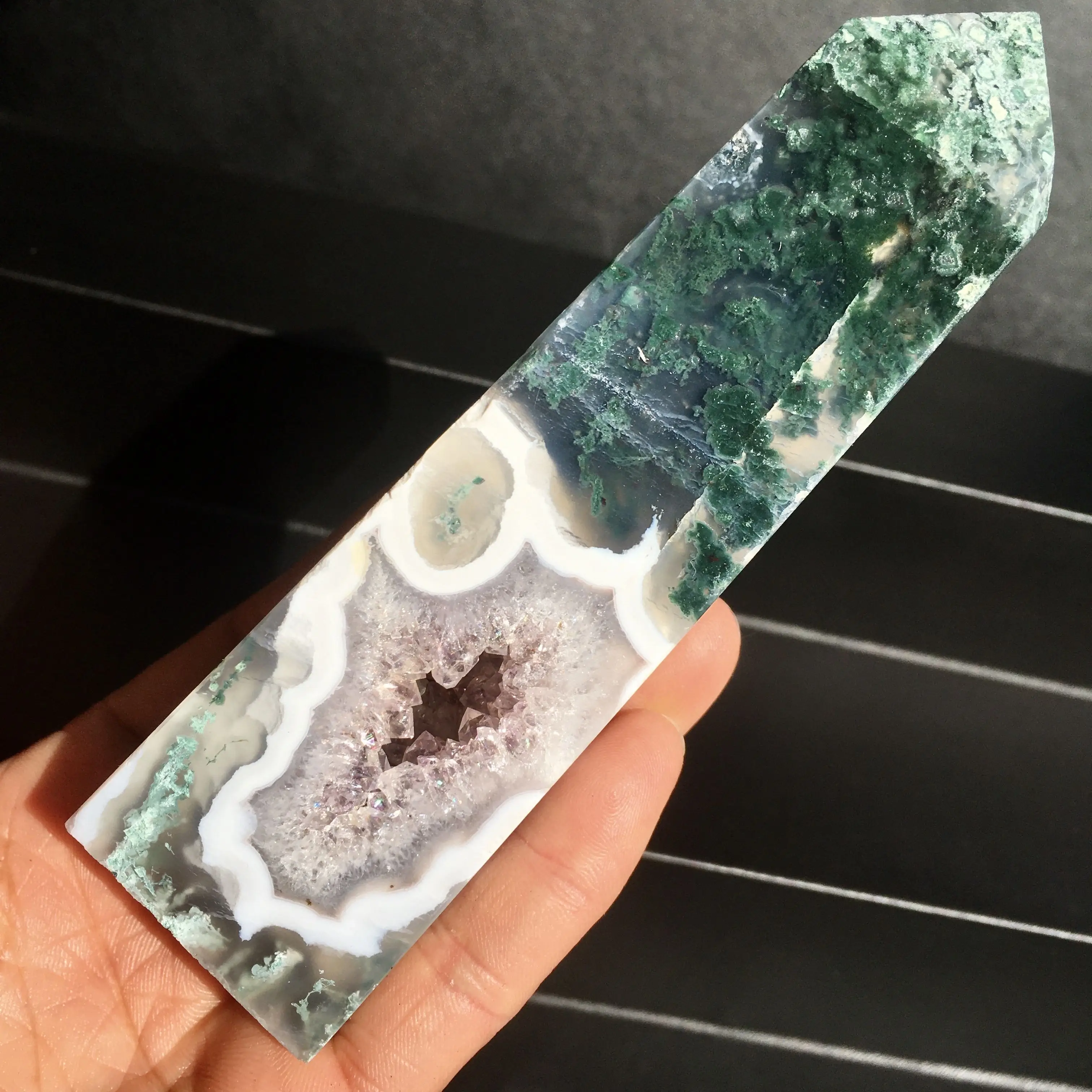 Natural Purple Moss Agate High Quality Moss Agate With Amethyst Geode Tower Nice Crystal Point For Sale
