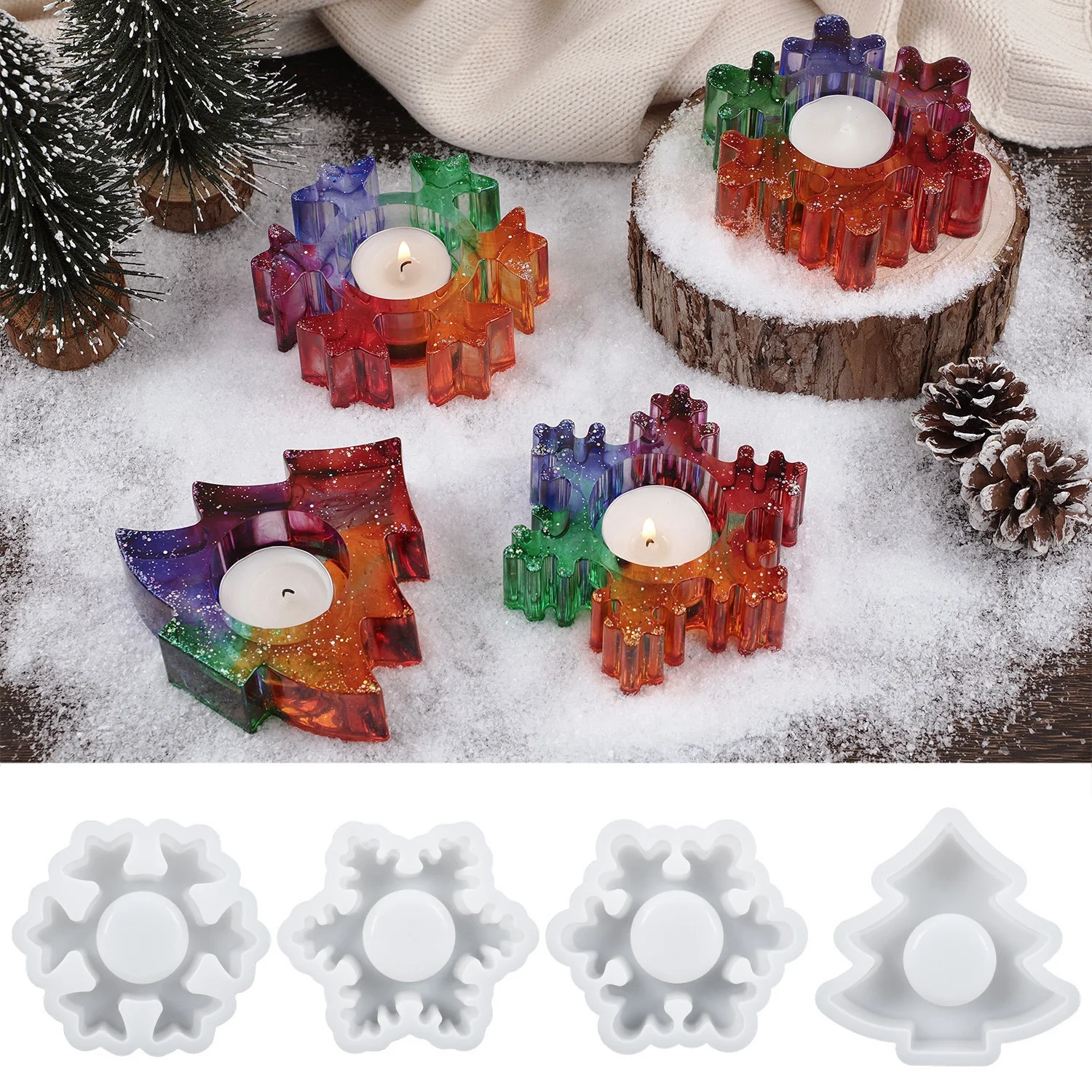 CARATTE Christmas Cement Jesmonite Candlestick Silicone Mold Snowflake Tealight Candle Holder Resin Mold