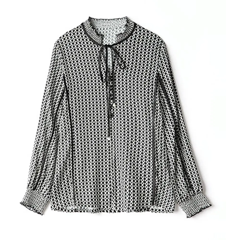 2020 Vintage Pure Silk Bow Collar Long Sleeve Print Shirt Casual Office Blouse For Ladies