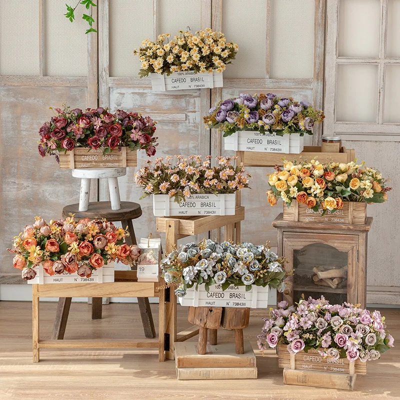 Artificial Sunflower  Flowers In Basket Outdoor Indoor  Decor Peony Flowers In Wooden Vase