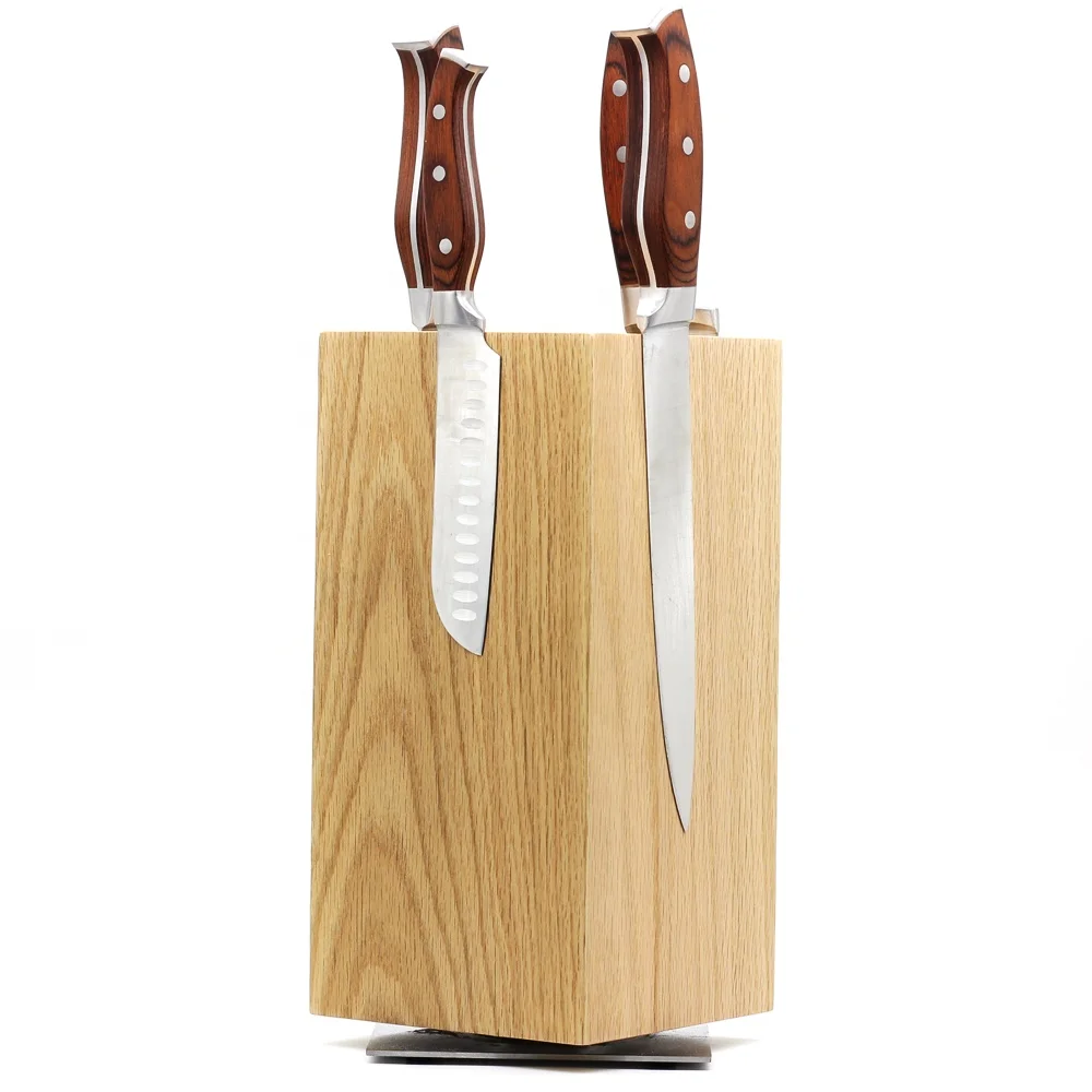 360 Degree Rotatable Oak Magnetic Knife Holder For Kitchen Counter