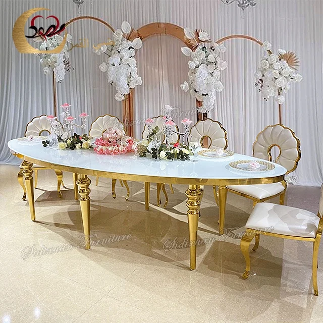 New design wedding luxury throne gold stainless steel legs dining glass tables
