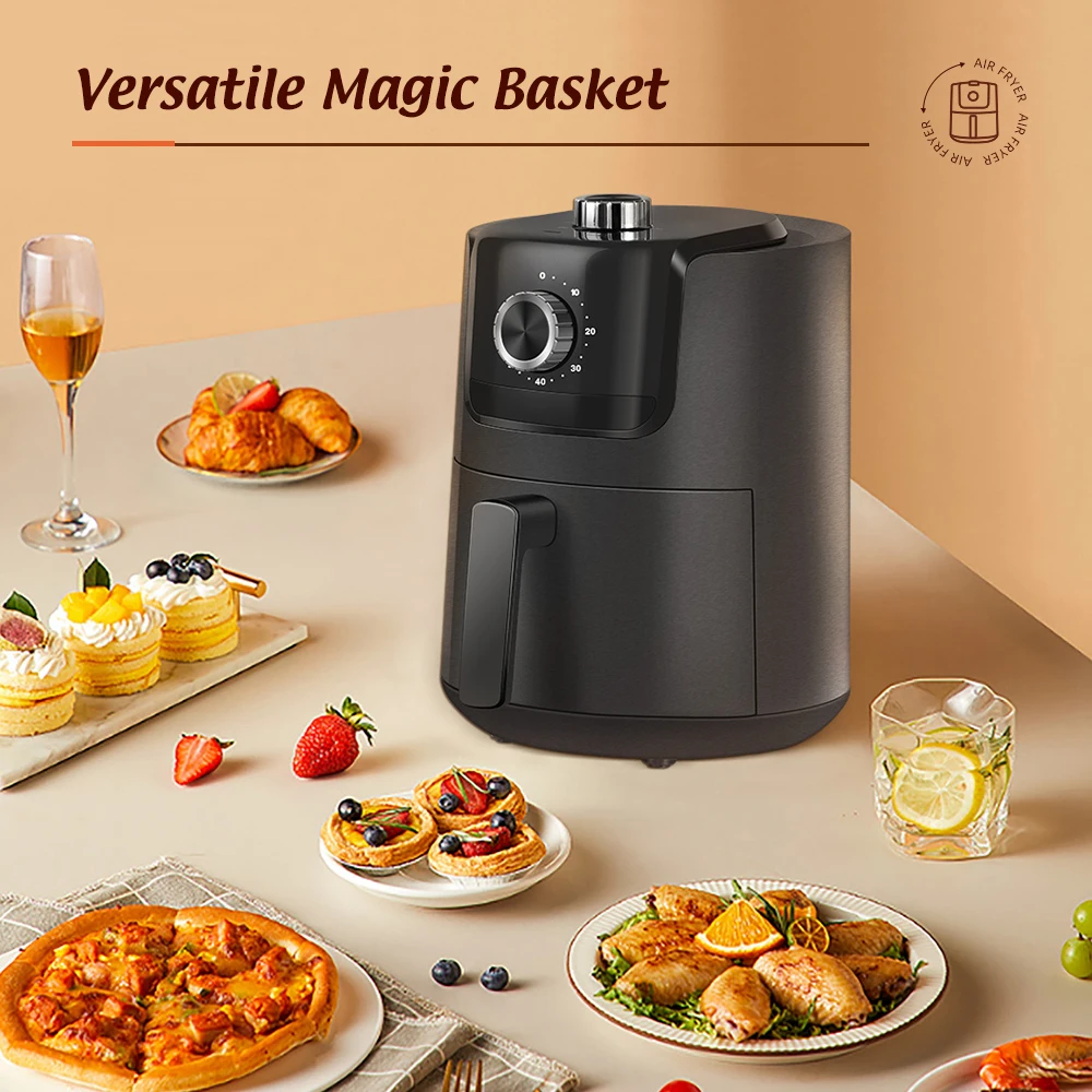 900W 2L Knob Control Multifunctional Electric Non-stick Air Fryers PTFE Round Oven Wi Fryers Oven with Mechanical Timer Black