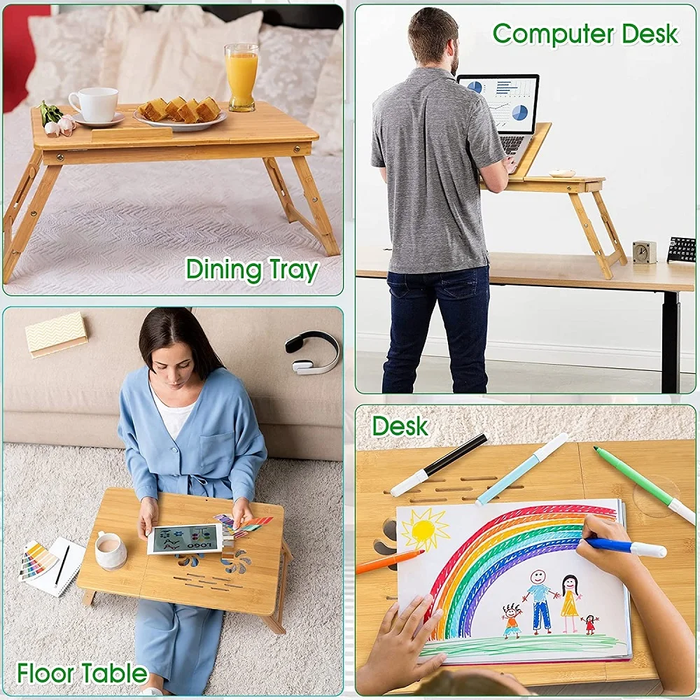 100% bamboo notebook computer table breakfast service bed tray computer notebook bracket adjustable and foldable