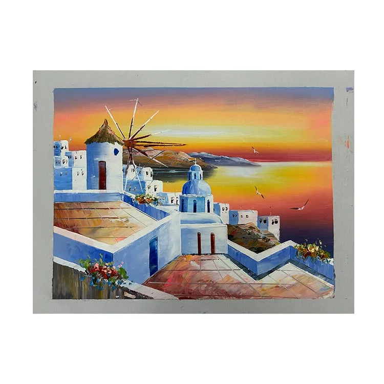 Mediterranean Town Painting Canvas  Coastal City Artwork Wall Art Reproduction For Living Room Handmade