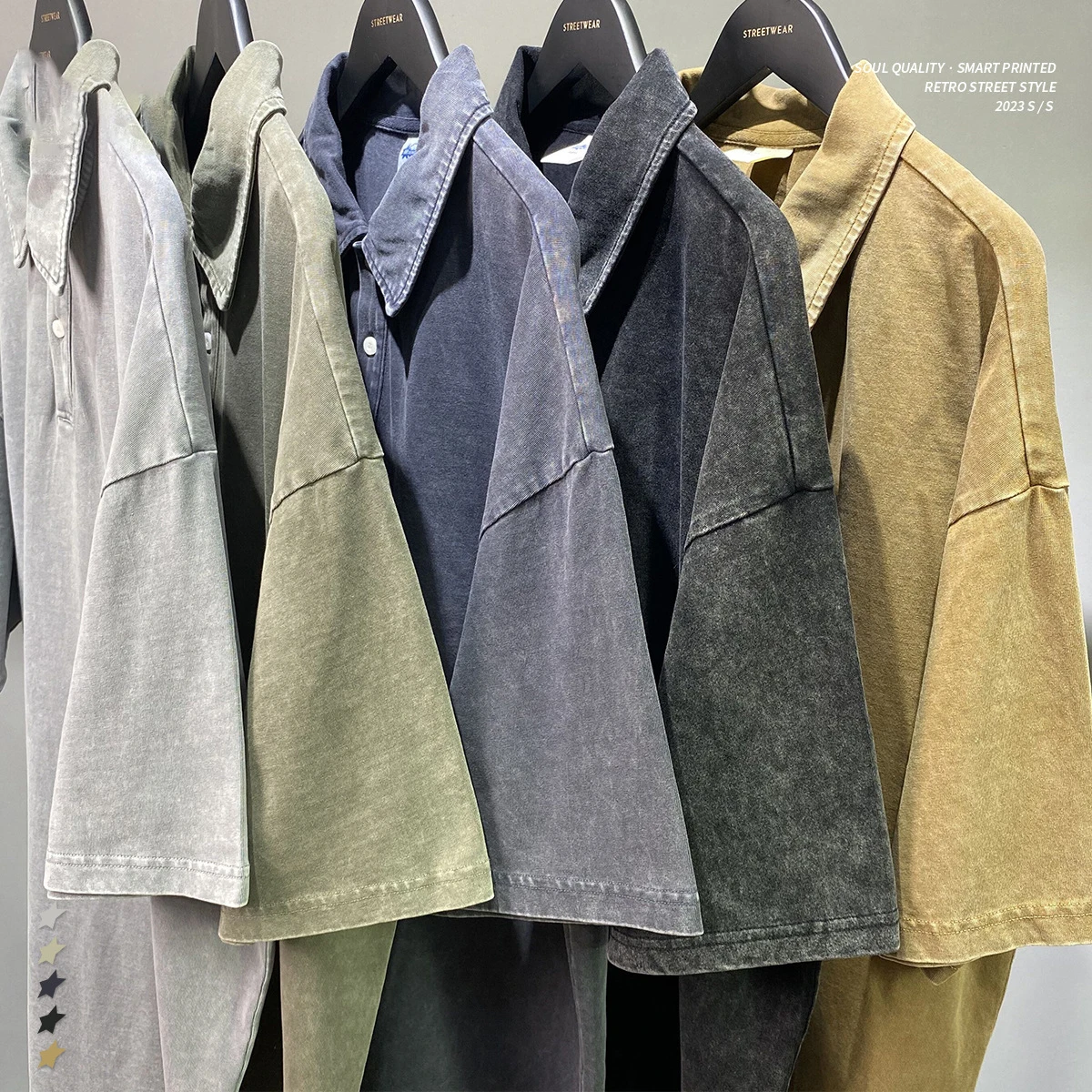 Wholesale Tight Double Yarn Cotton Batik Wash Water Old Lapel Button Slit T-shirt Men Oversized Acid Wash T shirt