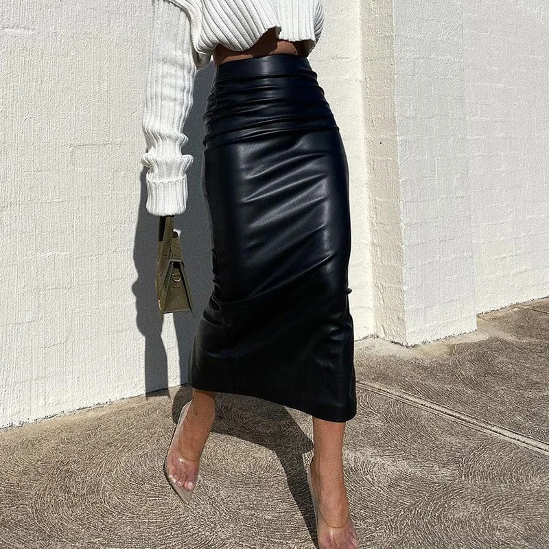Spring 2024 Ladies mid-length high waist ruched sexy leather women streetwear elegant office comfortable casual summer skirt