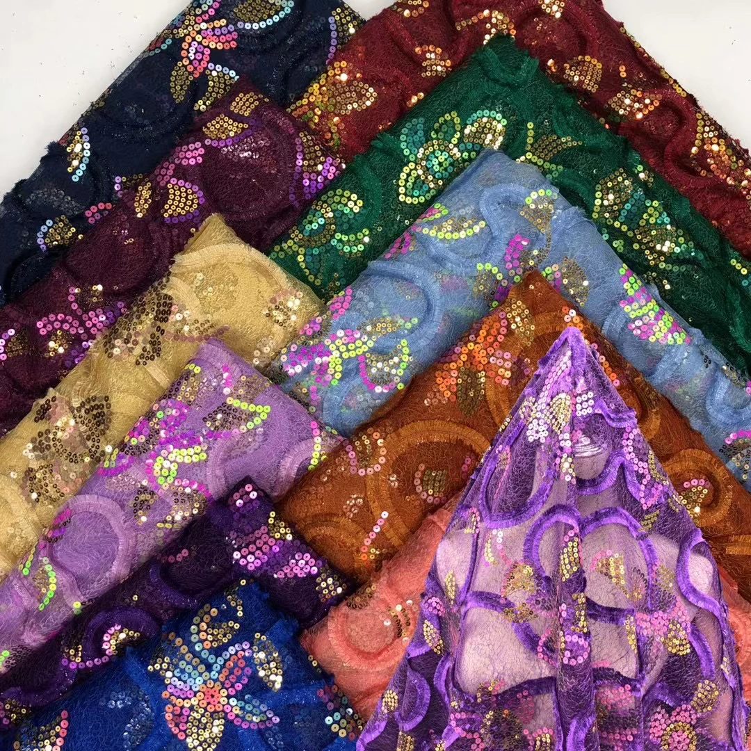 2024 Top Quality Ankara Bazin Riche Fabric And Embroidery Net Lace With Sequin Elegant Nigerian Wedding Evening Gowns Net Laces