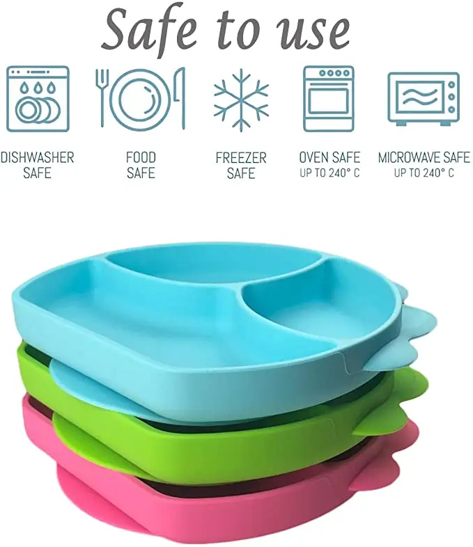 BPA Free Toddler Kids Children Divided Toddler Dinner Feeding Plate Silicone Baby Suction Plate