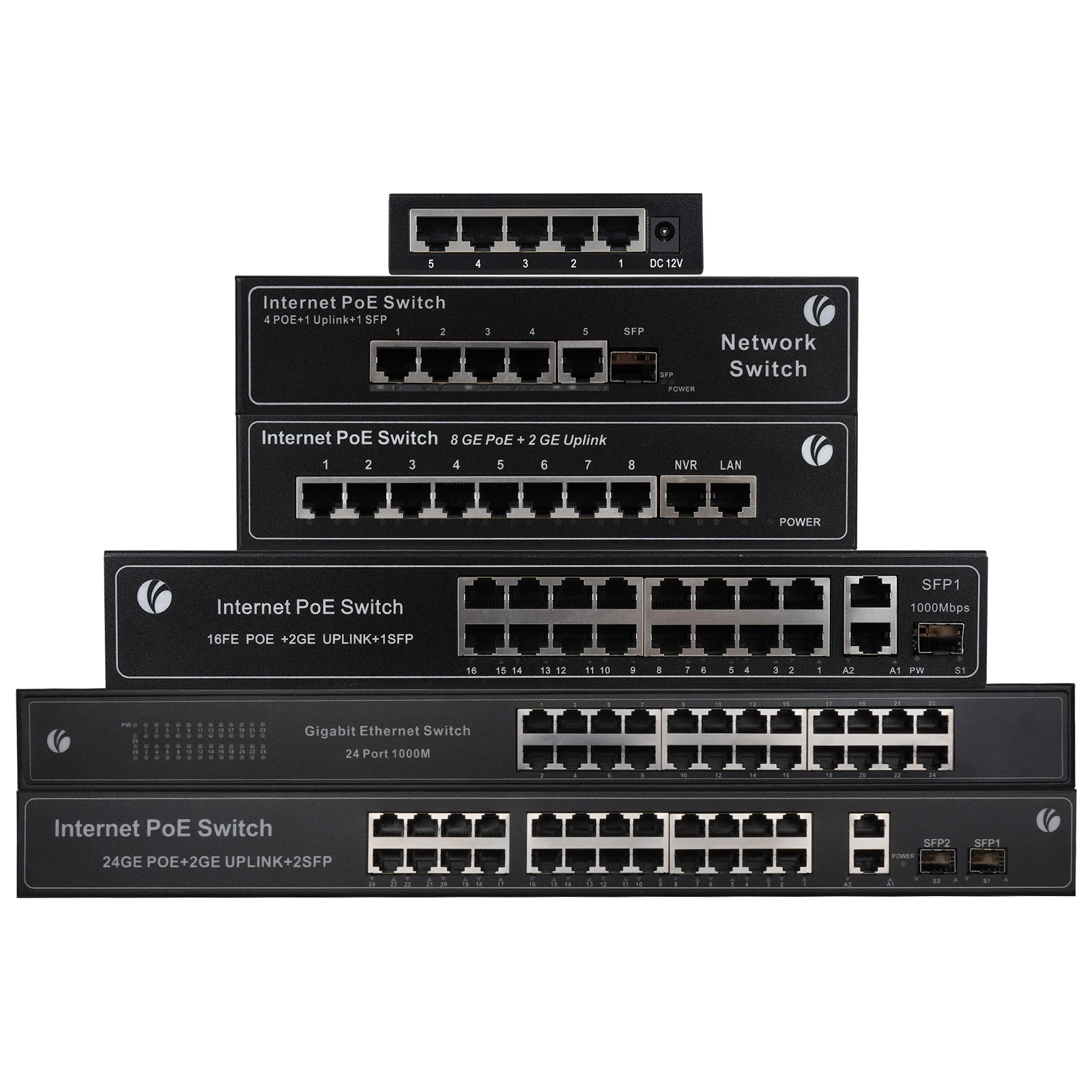 VCOM Full Gigabit 24 Ports PoE Switch 10/100/1000M Active Ethernet RJ45 Network Switch Security Switching Splitter