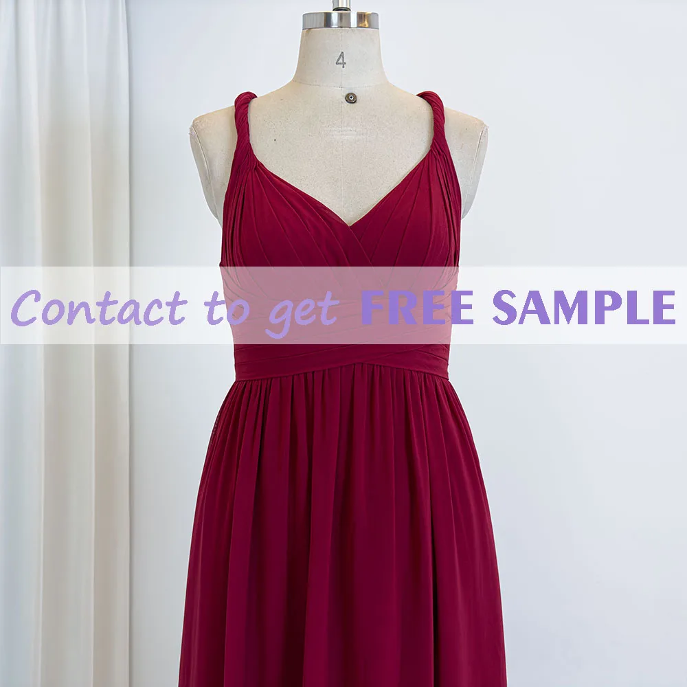 TEENYEE 2024 Red Criss-Cross Deep V-Neck Evening Party Dress for Women Chiffon Bridesmaid Dress Empire Waist Sleeveless Design