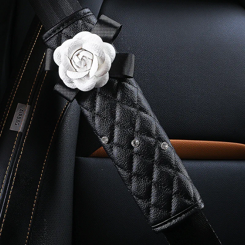 White Camellia Car Interior Set Universal Handbrake Shift Cover Gear Cover Seat Cover