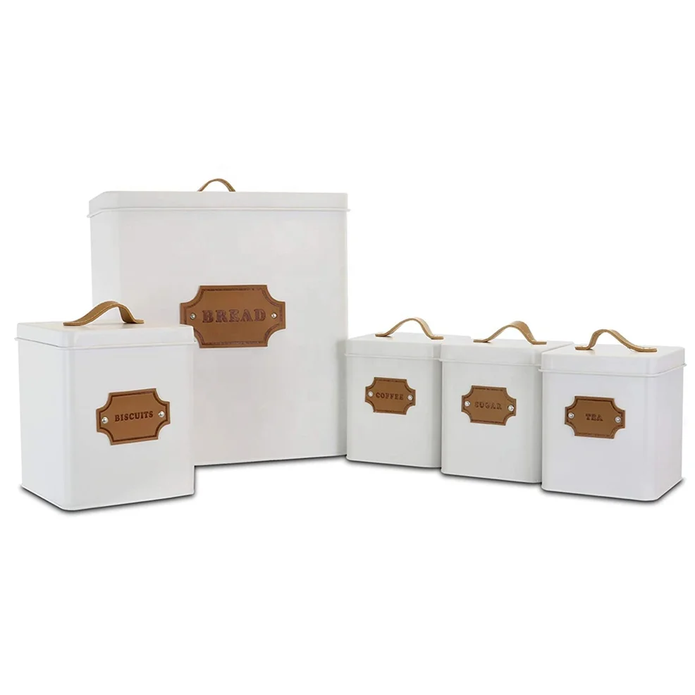 Professional Kitchen Metal Tea Coffee Sugar Biscuits Bread Storage Copper Tag Canister Tin Set of 5