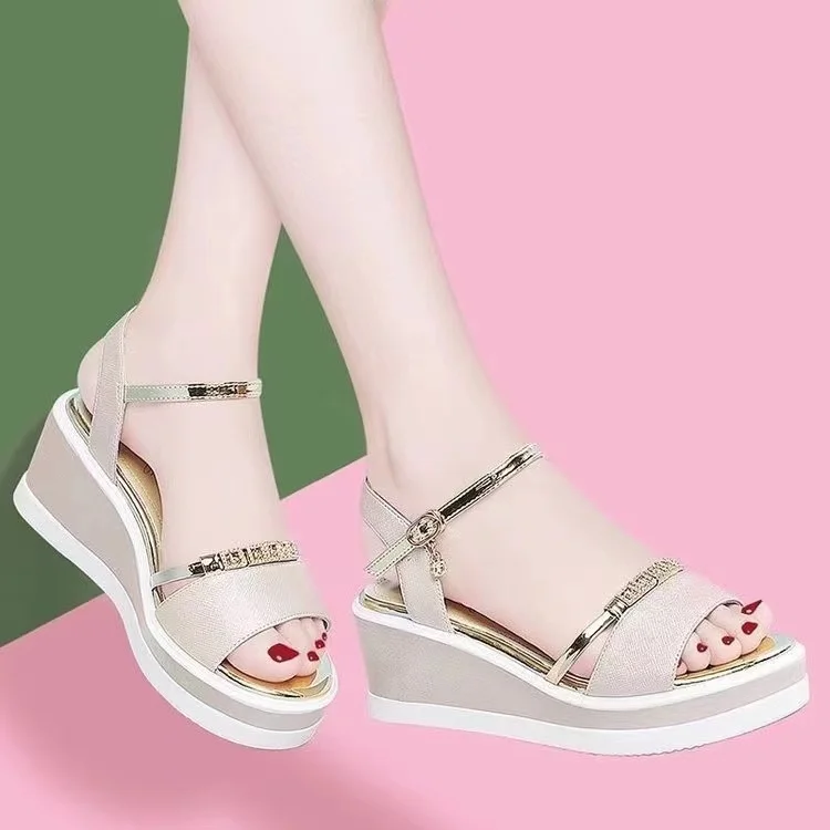 custom Casual Girls Sandals Solid Color Fish Mouth Open Toe Wedge Heel Sequins Ankle Belt Buckle Women Sandals