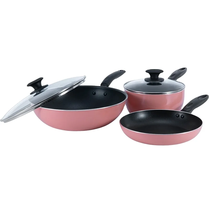 
2021 pink alloy non-stick pan three-piece set 
