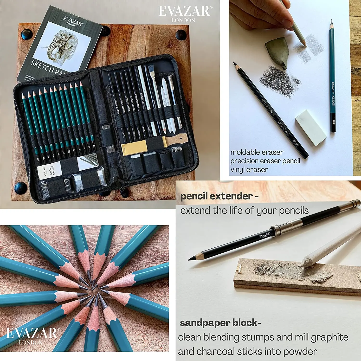 EVAZAR London 44pcs Sketching and Drawing Art Supplies, Includes Graphite & Charcoal Pencils & Sticks Plus Accessories