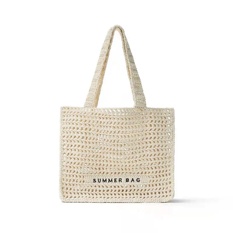 Solid Color Simple Summer Holiday Hollowed Out Cotton Crochet Tote Bag Beach Handbag Women Straw Shoulder Bag For Female