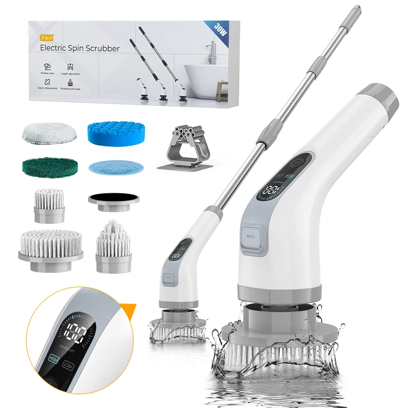 China Waterproof With Light Indicator 2nd Gear 7 Brush Heads 30W Power Multifunction Cheap electric floor spin scrubber sample