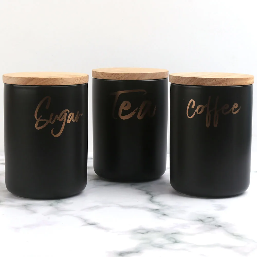 Wholesale Matte Black Ceramic Tea Coffee Sugar Gold Canister Jar With Wooden Lid Set