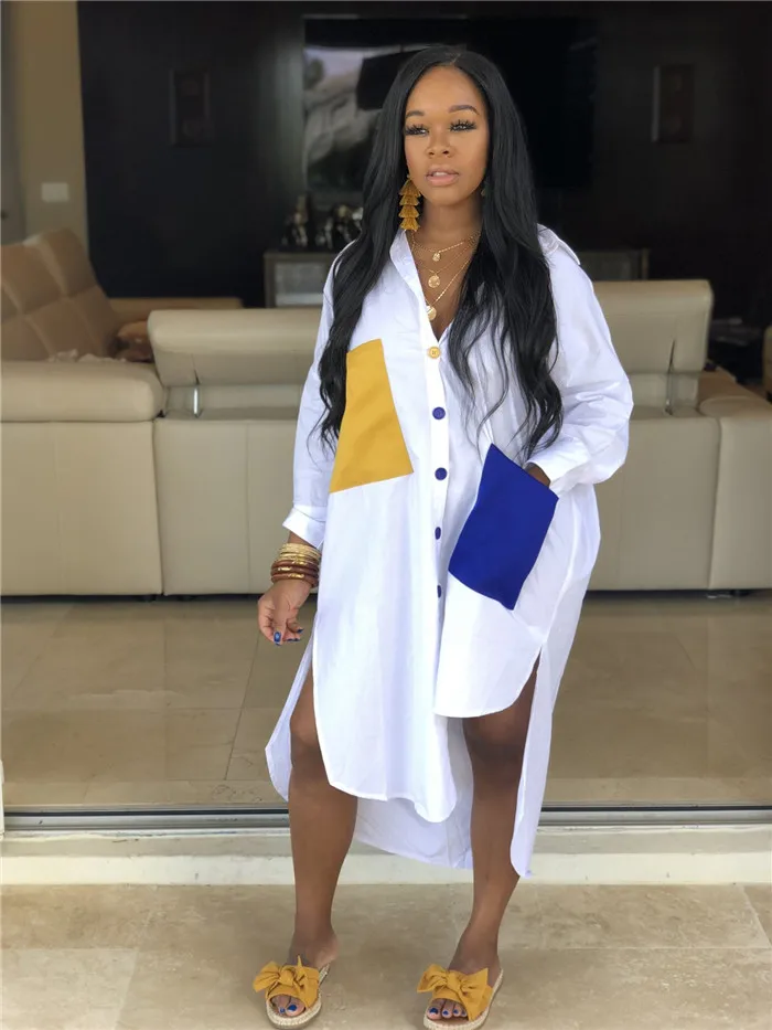 S011-wholesale plus size summer dresses with pockets shirt dress for women