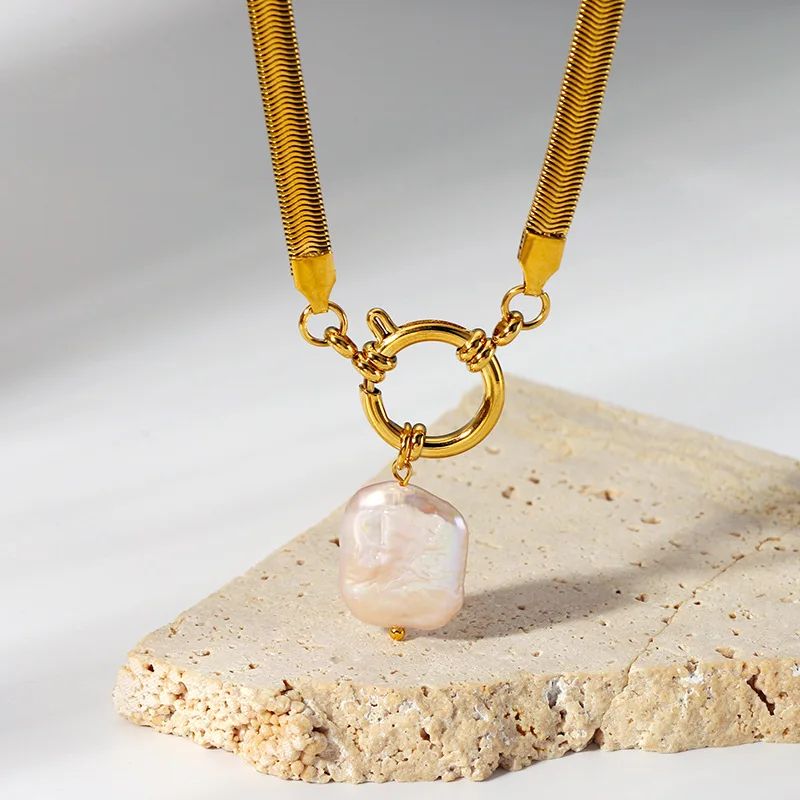 Waterproof Gold Plated Stainless Steel Necklace Chunky Snake Chain Freshwater Pearl Pendant Necklace collier en acier inoxydable