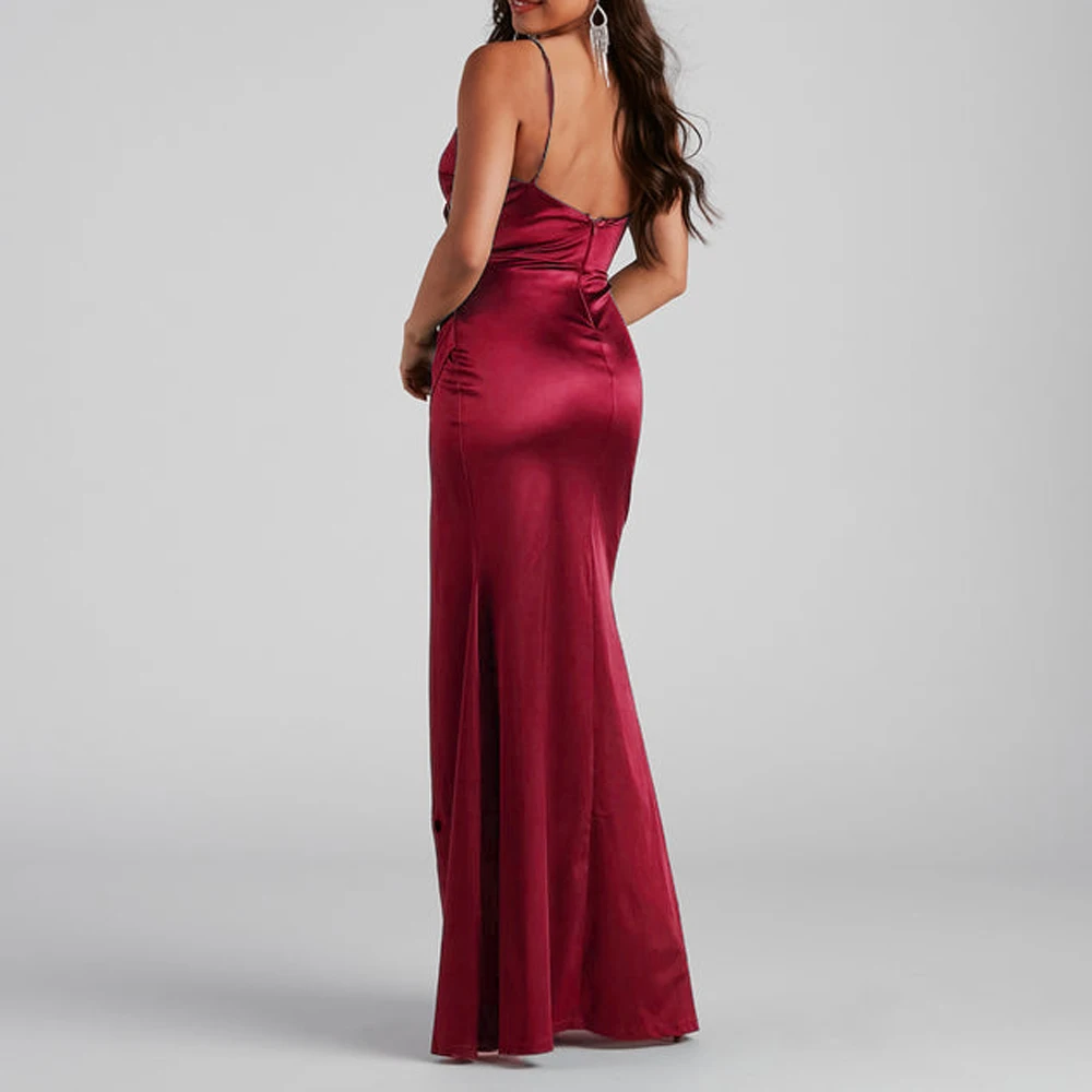 Wedding Party Bridesmaid Evening Gown Women Sleeveless Wrap V Neck Ruched Backless Stretchy Satin Formal Event FMaxi Dress