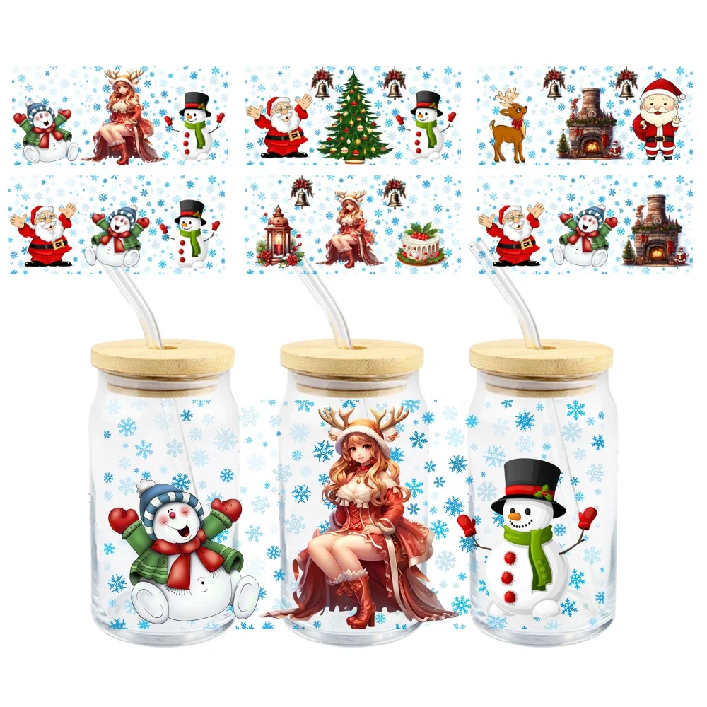 MIYA Libbey пивные Стеклянные Кружки Кофейные чашки тумблеры для бутылок переводные наклейки Рождественские дизайны изготовленные на заказ UV DTF обертывания