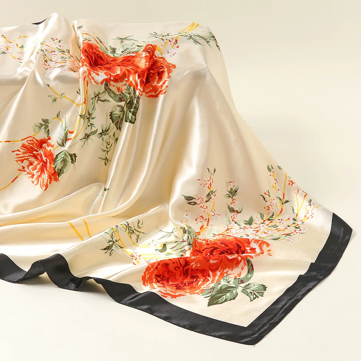 Wholesale custom fashion silk satin square hijab peony pink floral printed 90*90cm head scarf for women