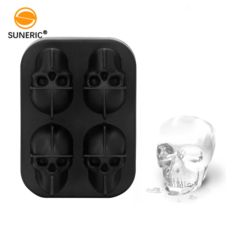 Custom small 3d skulls shaped ice cubes tray mould silicone skull whiskey ice mold with funnel for Halloween