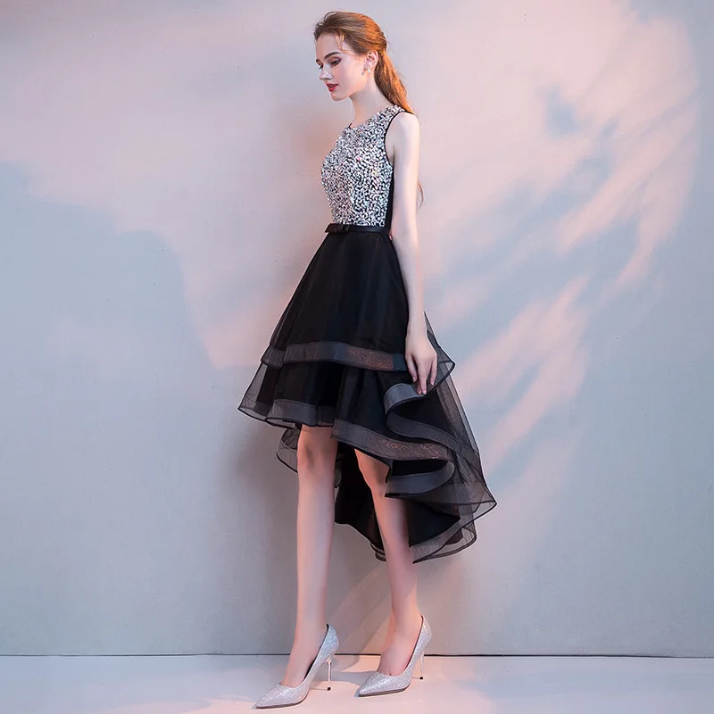 Factory sale princess little black dress elegant sequined A-line high-low evening dress