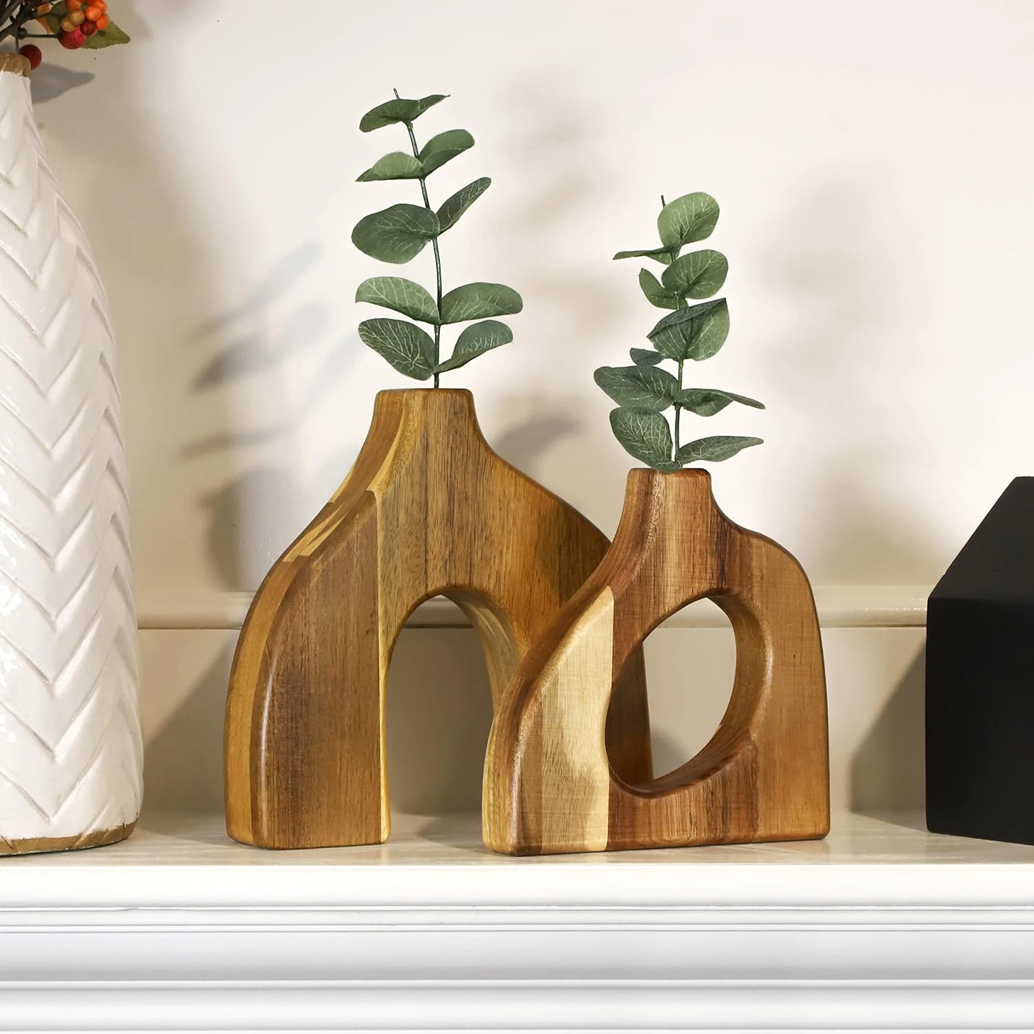 Wood Vase Decorative for Tables Shelves Mantles Boho Vase Display Faux Flowers Plants Short Cute Wooden Vases Home Gift Unique