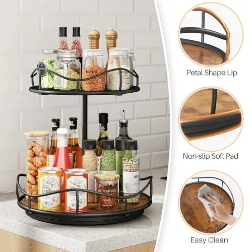 Lazy Susan Organizer Turntable Spice Rack - 2 Tier Wood Rotating Lazy Susan for Cabinet Pantry Kitchen Countertop Dining Table