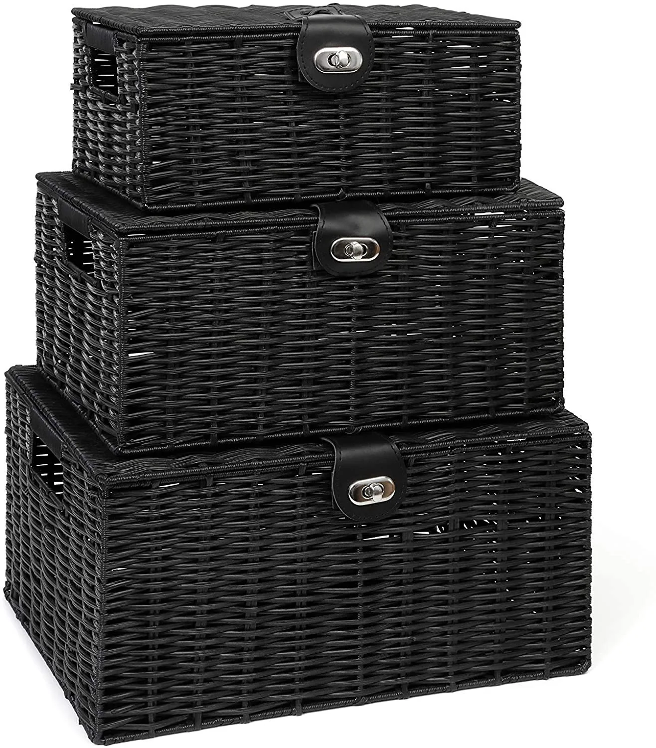Woven Storage Basket Box Wicker Hamper Stackable Bin with Lid & Lock Built-in Carry Handles