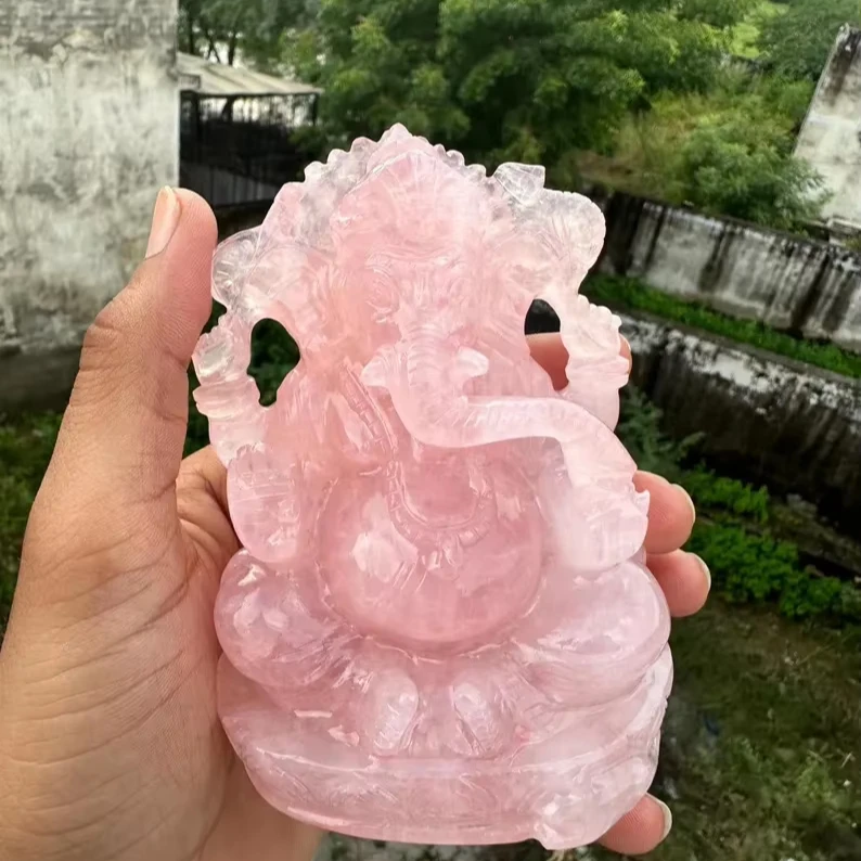 Exquisite Hand Carved GANESH Statue Natural Rose Quartz Gemstone Material Semi-Precious Stone Crafts Exquisite Craftsmanship
