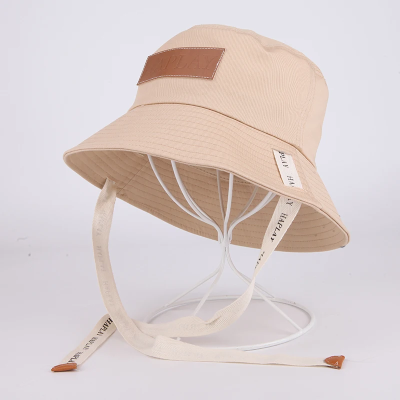Custom leather patch outdoor fashion fisherman cap wholesale plain bucket hat with string