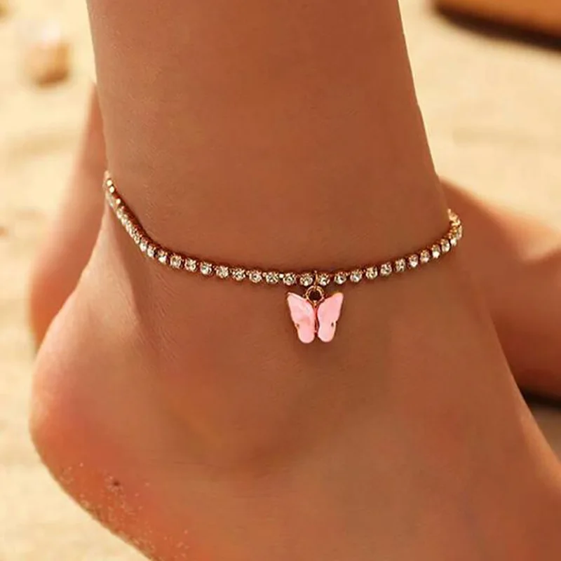 Factory Wholesale  Rhinestone Tennis Chain Butterfly Anklets for Women Gold Color Beach Crystal Anklets Foot Jewelry