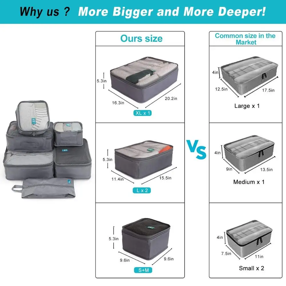 Private Label Lightweight Hot Cheap Luggage Trolley Bag Travel Compression Organizers 6 Set Packing Cubes With Shoes Bag