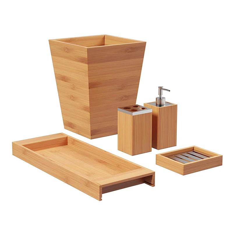
Bamboo Bathroom Accessory Set With Tray Lotion Dispenser Soap Dish Toothbrush Holder And Wastebasket 
