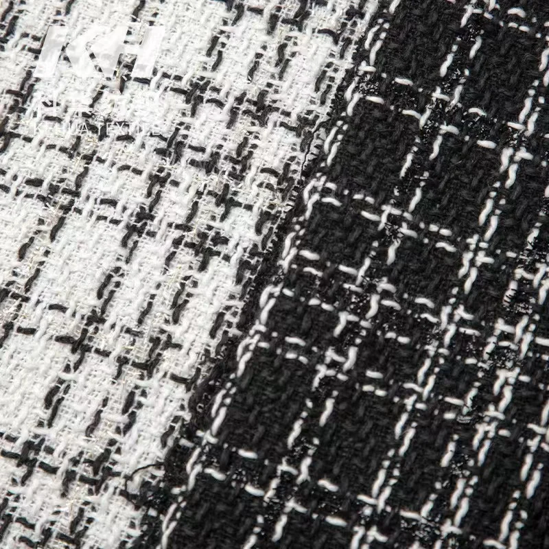 New Arrival Stock Fancy Tweed Dress Jacket Black White Plaid Winter Clothes for Women Tweed Fabric