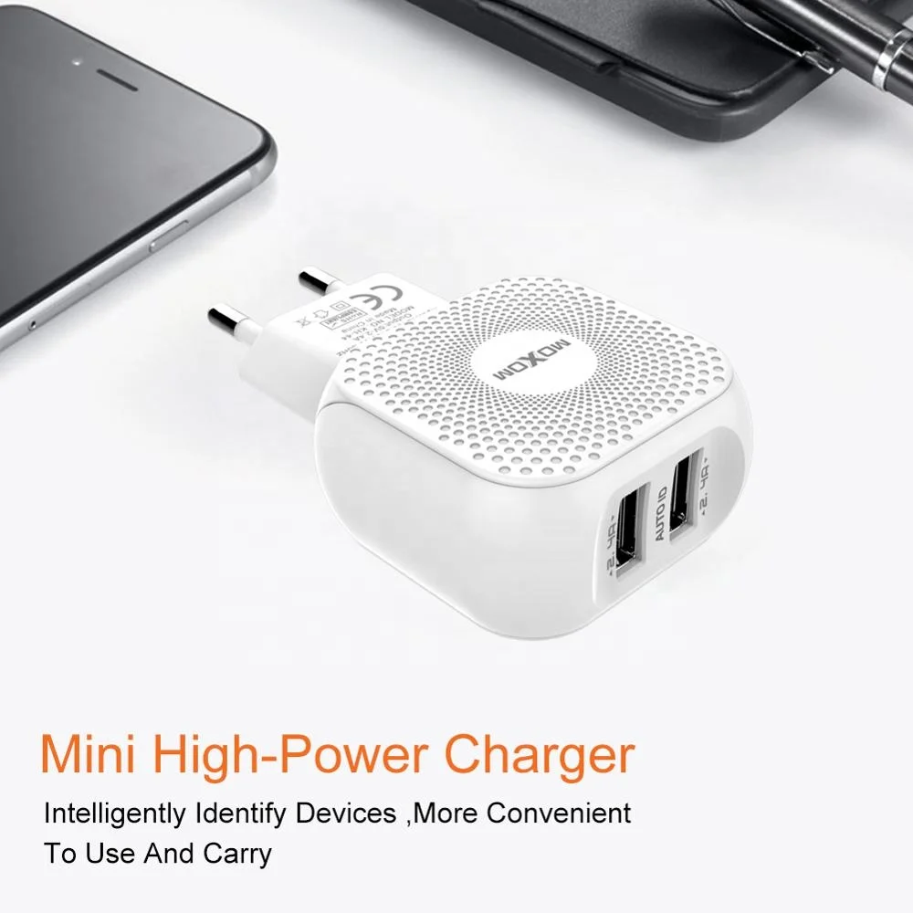 MOXOM Dual USB Charger EU Plug Travel Adapter With Cable for iPhone Charger