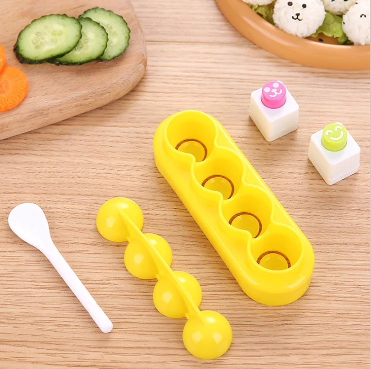 4 Cavities Plastic DIY Ball Shape Sushi Rice Decorating Mold Set Include Nori Cutters And Spoon Bento Accessories