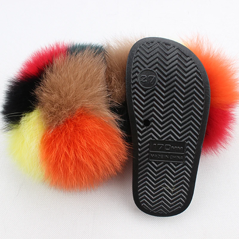 Wholesale Soft Fluffy  Kid Fur Slippers Custom Children Fox Fur Shoes Kids Fur Slides