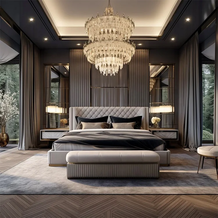 Wholesale full set single twin queen king size bedroom furniture linen fabric bed for Modern 5 star hotel