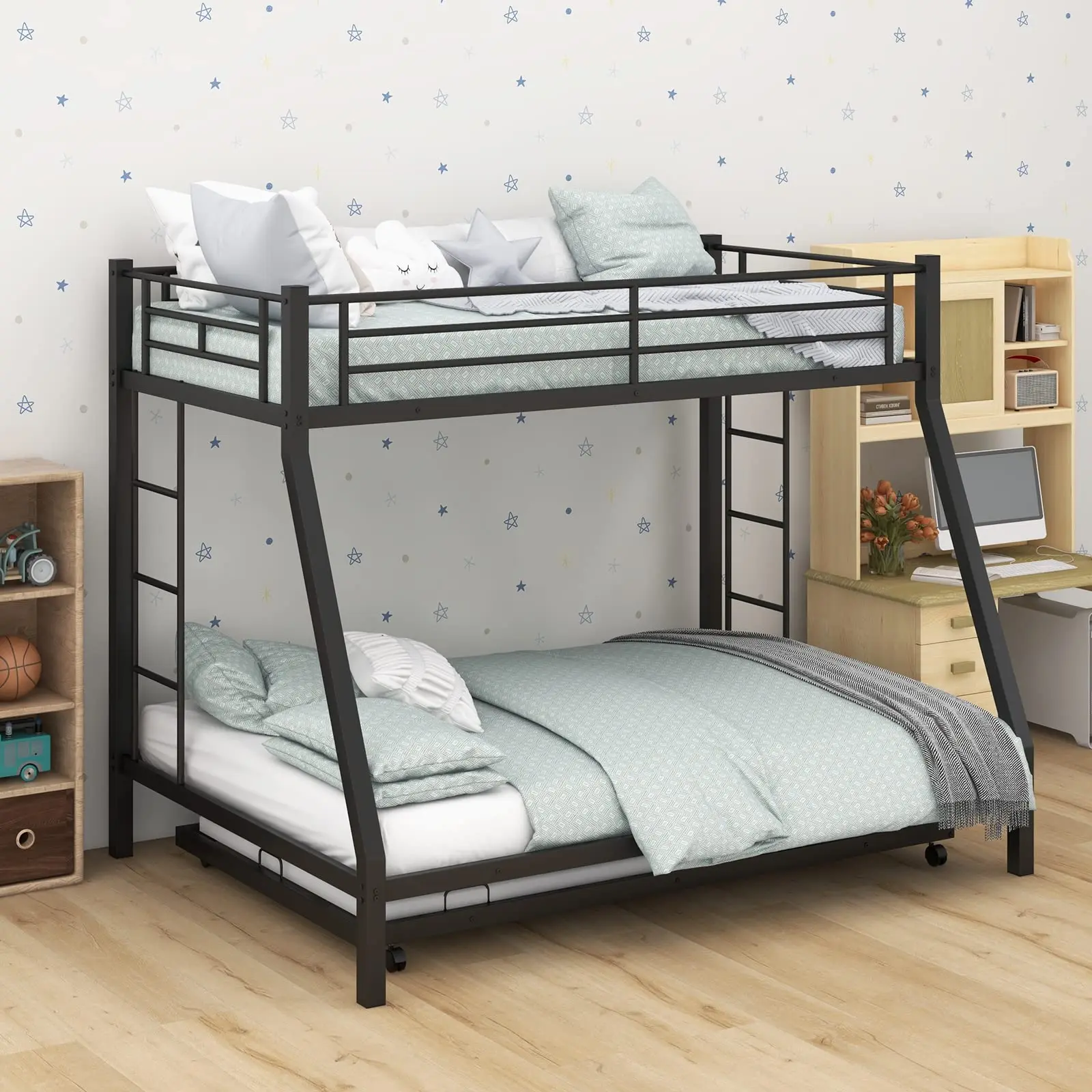 Bunk Bed with Trundle Heavy-Duty Metal Triple Bunk Beds w/Two Side Ladders & Safety Guard Rail